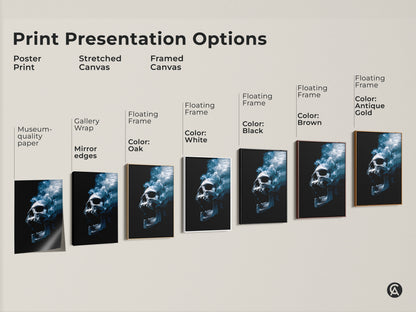 Explore print presentation options for skull artwork. Choose from poster prints stretched canvas and framed canvas. Options include gallery wrap floating frames and various frame colors. Find the perfect style to showcase this artwork.