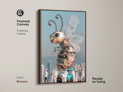Framed canvas featuring steampunk bee wall art with a brown floating frame. This industrial insect artwork adds warmth to any room. The metal bee home decor is ready to hang. Showcasing intricate mechanical details it is perfect as a unique wall hanging.
