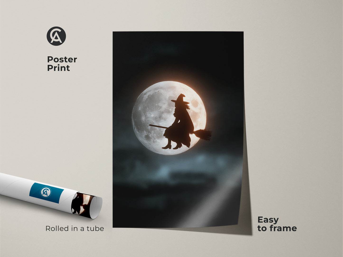 Poster print of a witch silhouette against a moonlit sky. The rolled art print is easy to frame. This dark blue black Halloween wall art is perfect eclectic witchy decor. Add a touch of fantasy art to your bedroom with this moon silhouette.