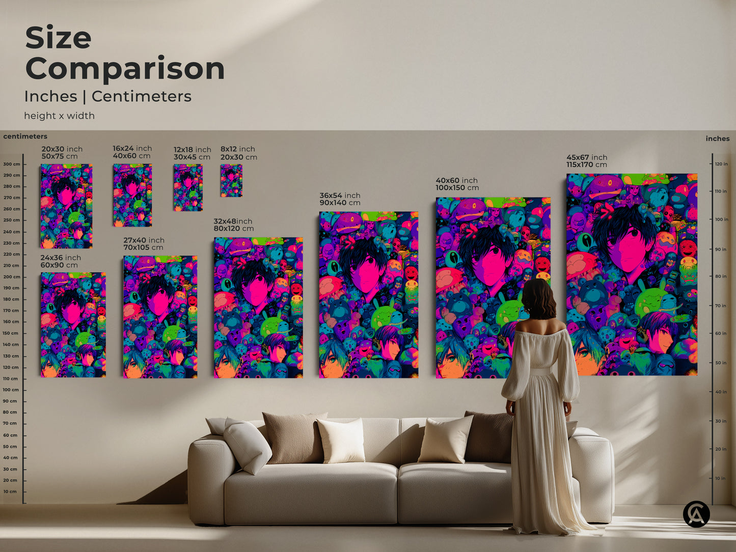 A size comparison of anime art prints in inches and centimeters. The artwork features a central character surrounded by colorful creatures. See how each size fits in a living room setting. Find the perfect dimensions for your home decor.