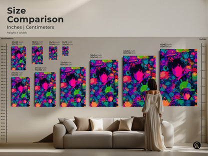 A size comparison of anime art prints in inches and centimeters. The artwork features a central character surrounded by colorful creatures. See how each size fits in a living room setting. Find the perfect dimensions for your home decor.