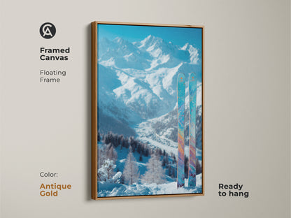 Framed canvas artwork featuring a snowy mountain range. Two skis are placed in the snow. The antique gold floating frame adds elegance. Ready to hang and complements any room's decor. A stunning piece of winter landscape art. It brings a touch of nature indoors.
