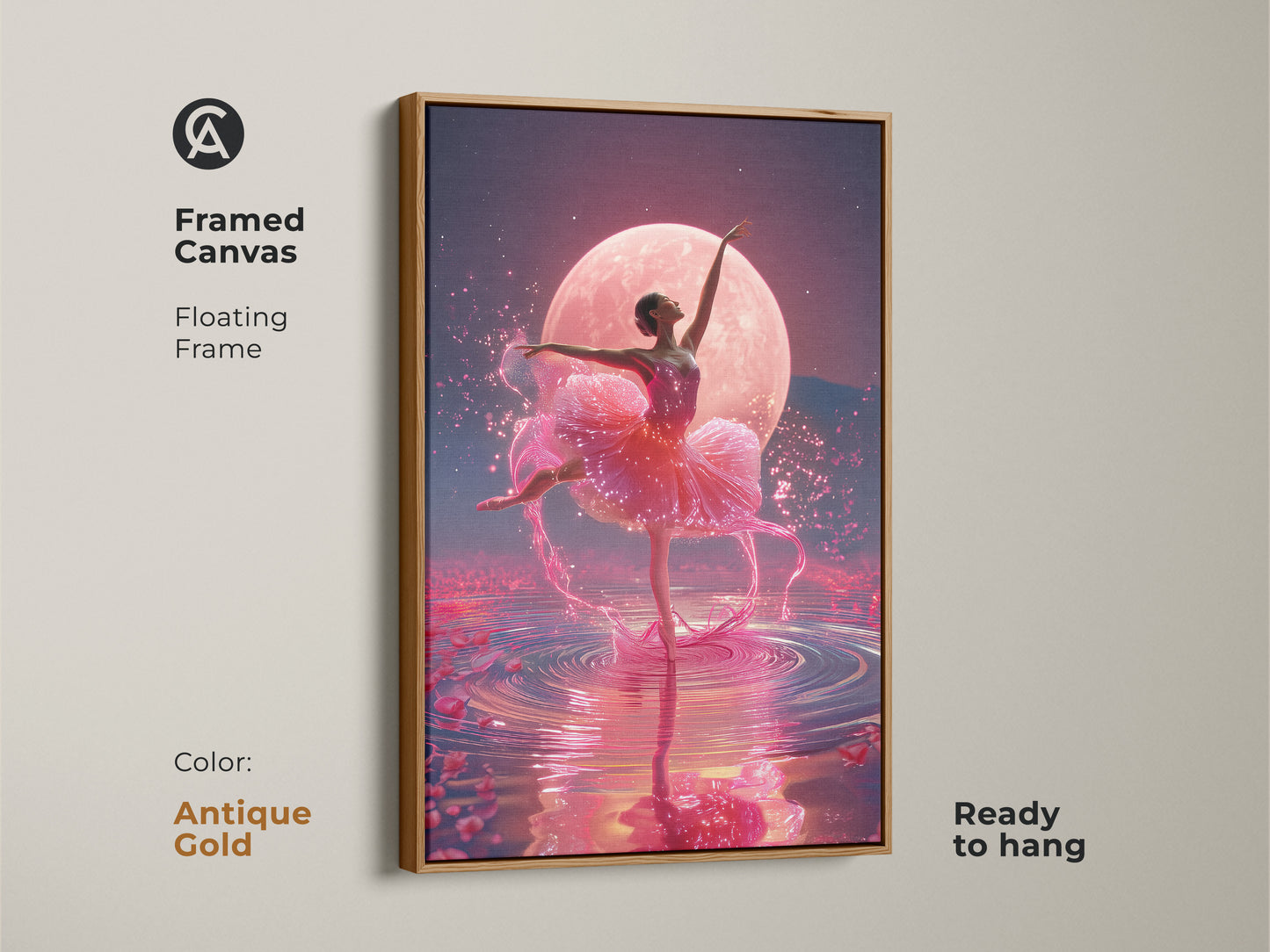 Framed canvas with a floating frame in antique gold showcasing a ballerina under a pink moon ready to hang. This ballet dancer artwork features fuchsia and magenta hues. It's dreamy bedroom decor.