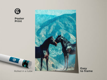 This dark horse print arrives rolled in a tube. The blue mountain wall art is easy to frame. This impressionistic animal print captures a touching equine moment. Ideal for nature inspired wall art. This print adds an artistic touch to your home.