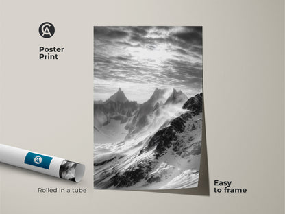 Monochrome mountain art available as a poster print. The snowy peaks canvas print is easy to frame. This black and white landscape brings a modern touch to your walls. A great nature wall art decor choice.