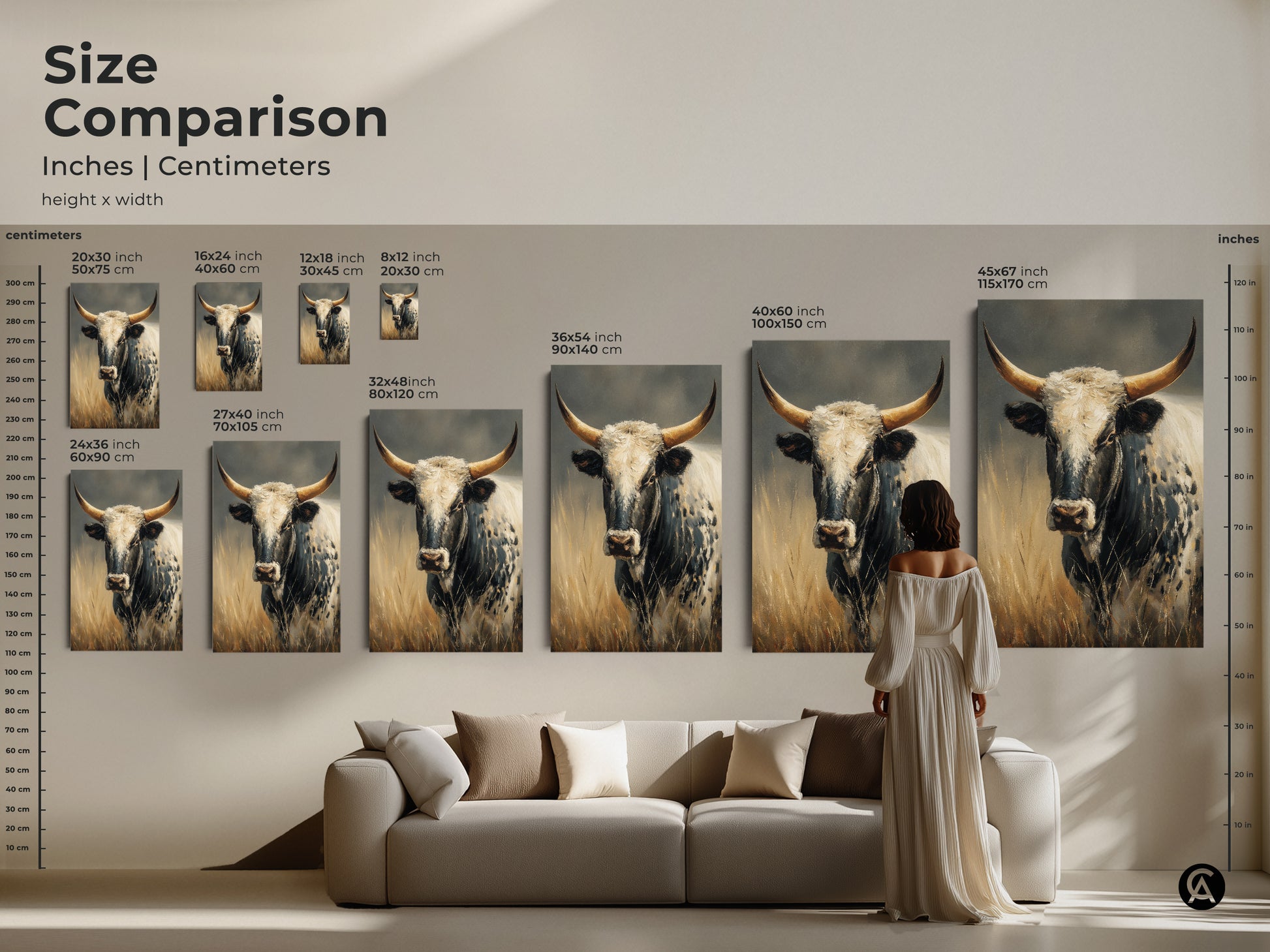 Size comparison of the Longhorn Cow artwork in inches and centimeters. Various sizes available from small to extra-large. This black and white cow art is ideal for farmhouse decor or as a western home decor gift.