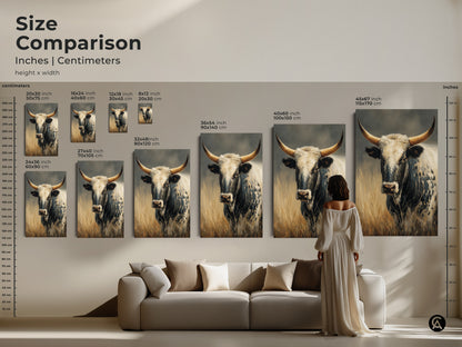 Size comparison of the Longhorn Cow artwork in inches and centimeters. Various sizes available from small to extra-large. This black and white cow art is ideal for farmhouse decor or as a western home decor gift.