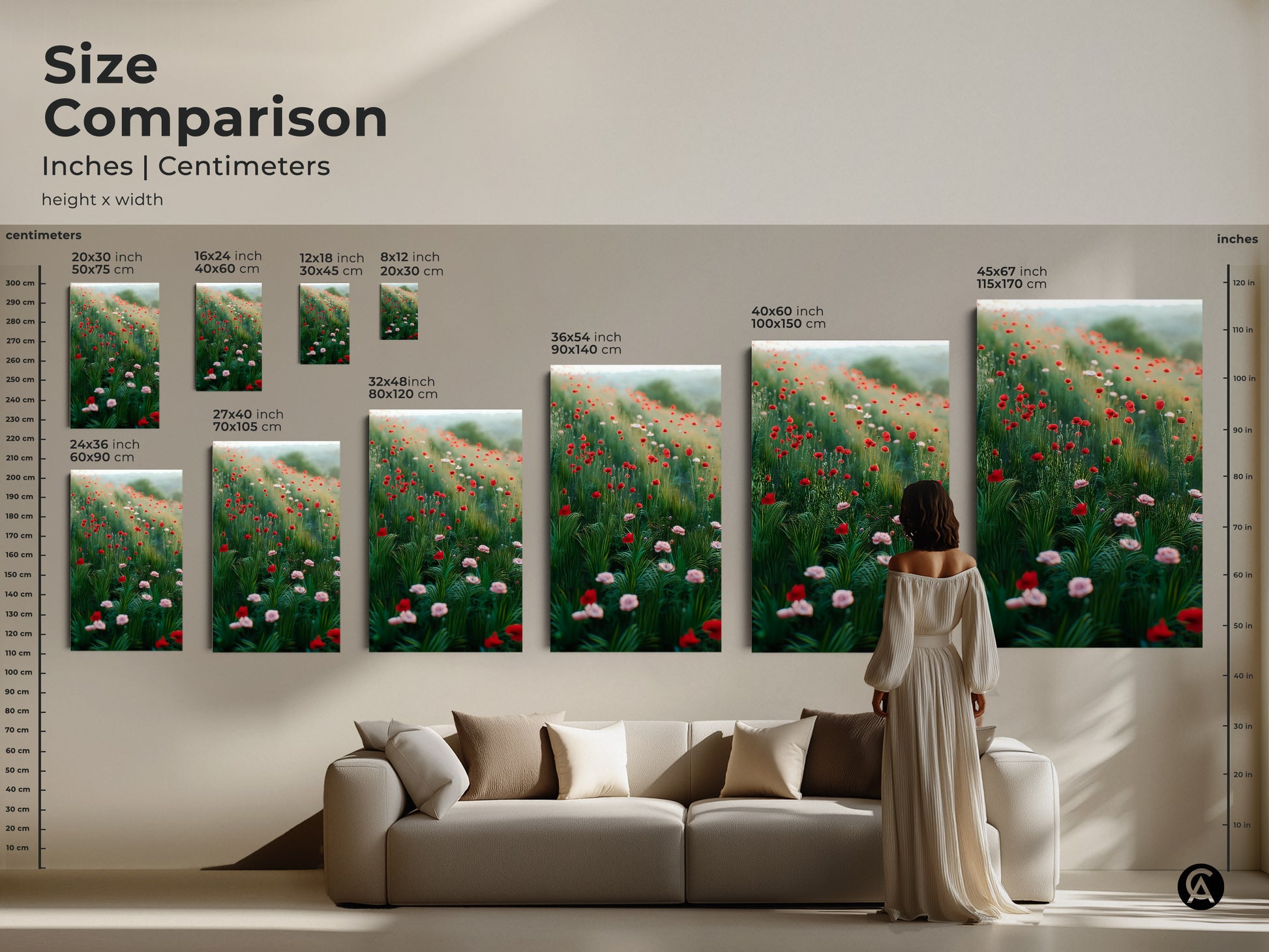 Size comparison of red poppy prints in inches and centimeters. The boho floral art transforms your living room. Find the ideal nature landscape print for your home decor. Discover vibrant flower art.