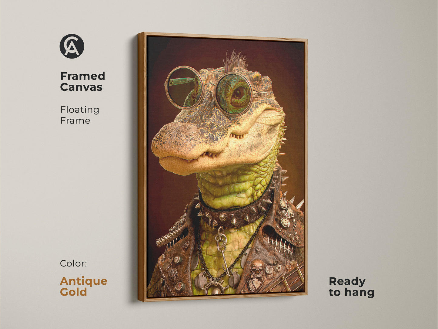 A framed canvas shows a rockstar alligator with sunglasses a leather jacket & studded collar. Ready to hang this framed canvas has a floating frame. This animal rock and roll art is perfect as guitar player wall decor. Color: Antique Gold