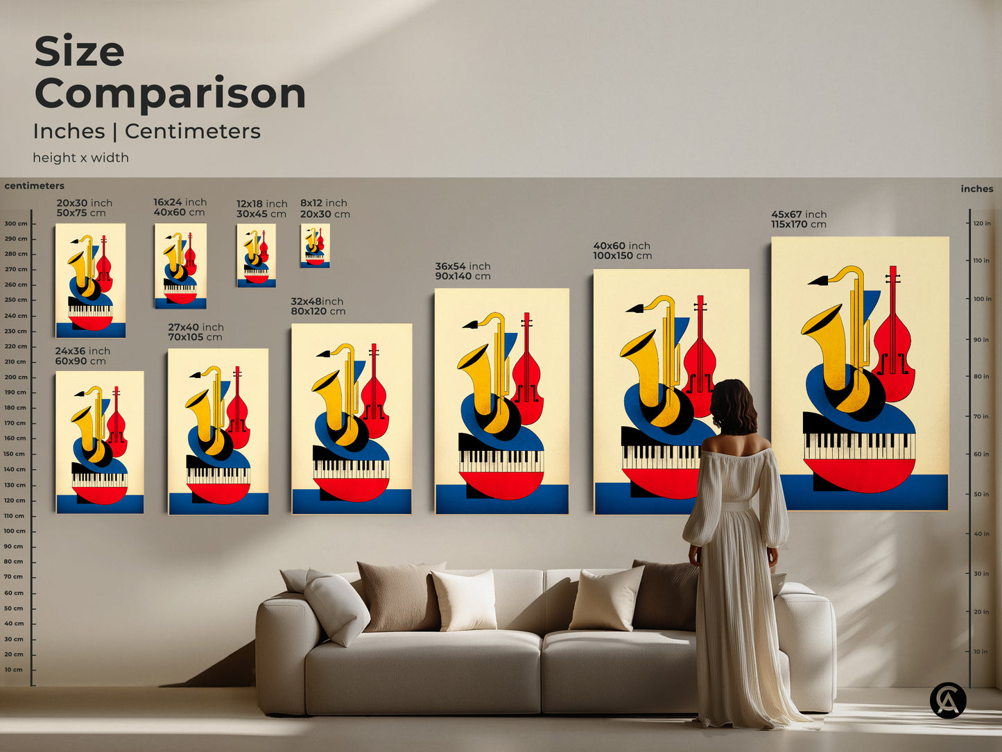 Size comparison of the Bauhaus music art print available in inches and centimeters. See a woman admiring the geometric abstract saxophone violin and piano artwork in various sizes above a sofa. Choose the perfect fit for your space.