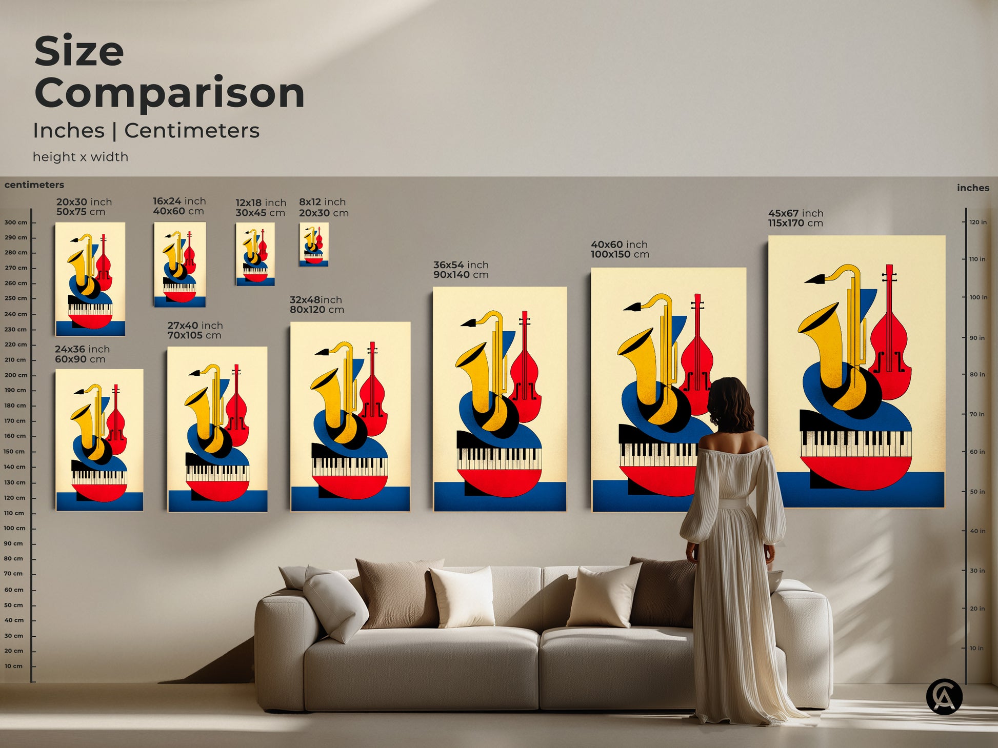 Size comparison of the Bauhaus music art print available in inches and centimeters. See a woman admiring the geometric abstract saxophone violin and piano artwork in various sizes above a sofa. Choose the perfect fit for your space.