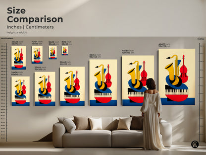 Size comparison of the Bauhaus music art print available in inches and centimeters. See a woman admiring the geometric abstract saxophone violin and piano artwork in various sizes above a sofa. Choose the perfect fit for your space.