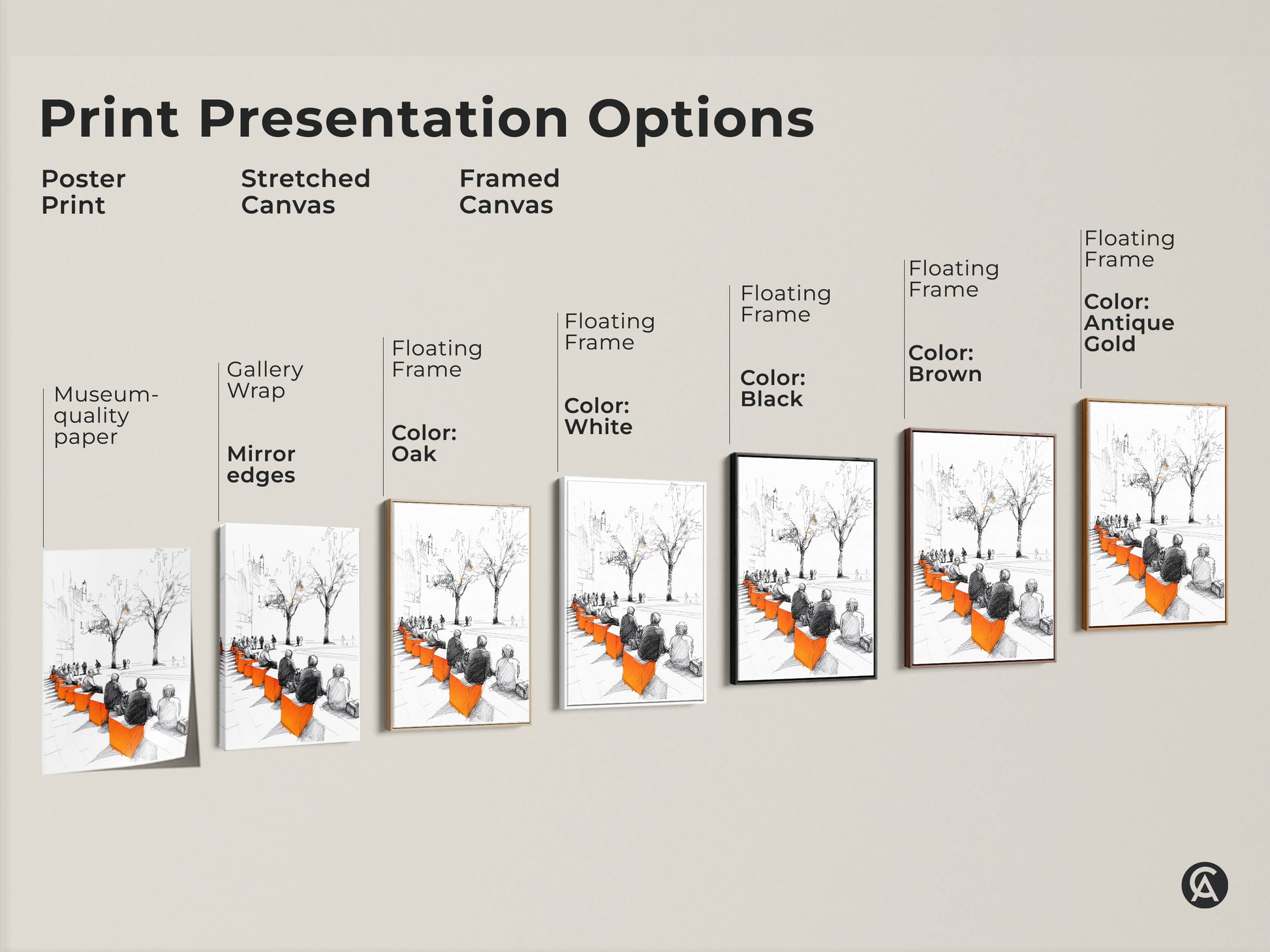 Explore modern art print options with this urban cityscape sketch. Choose from poster prints stretched canvas and framed canvas. Each showcases people on benches in black white and orange tones perfect for adding a minimalist touch to your home or office decor.