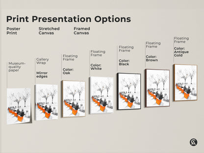 Explore modern art print options with this urban cityscape sketch. Choose from poster prints stretched canvas and framed canvas. Each showcases people on benches in black white and orange tones perfect for adding a minimalist touch to your home or office decor.