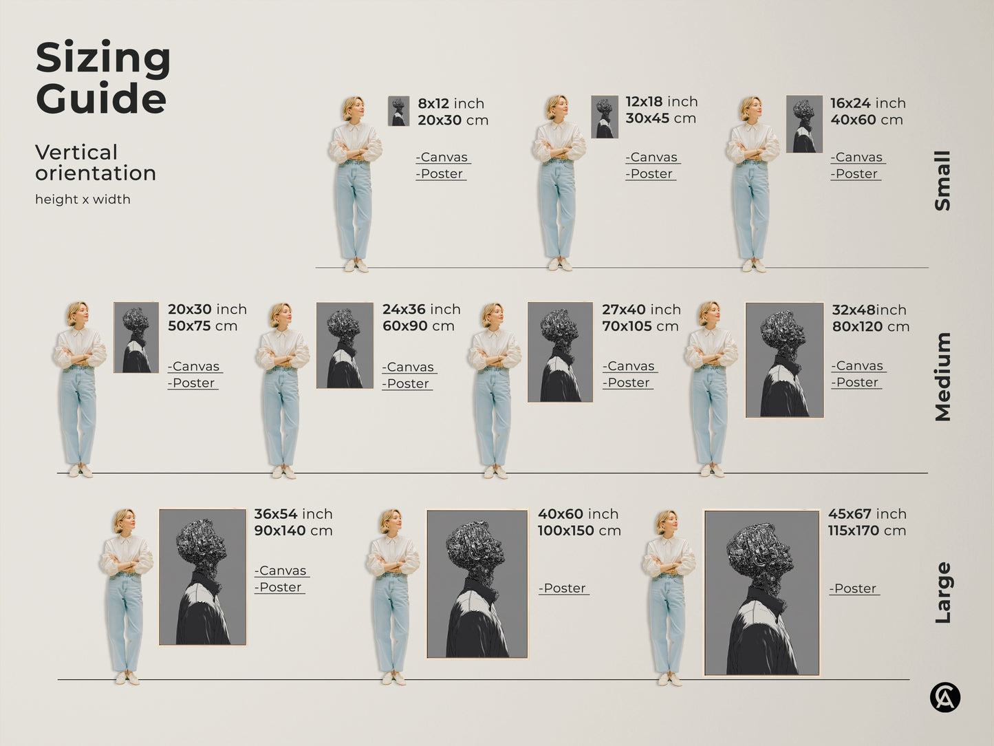 Sizing guide for vertical cyborg art. See how the artwork fits in different dimensions. Available as canvas or poster. Find the perfect size to complement your space with this unique artwork.