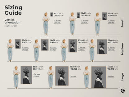 Sizing guide for vertical cyborg art. See how the artwork fits in different dimensions. Available as canvas or poster. Find the perfect size to complement your space with this unique artwork.