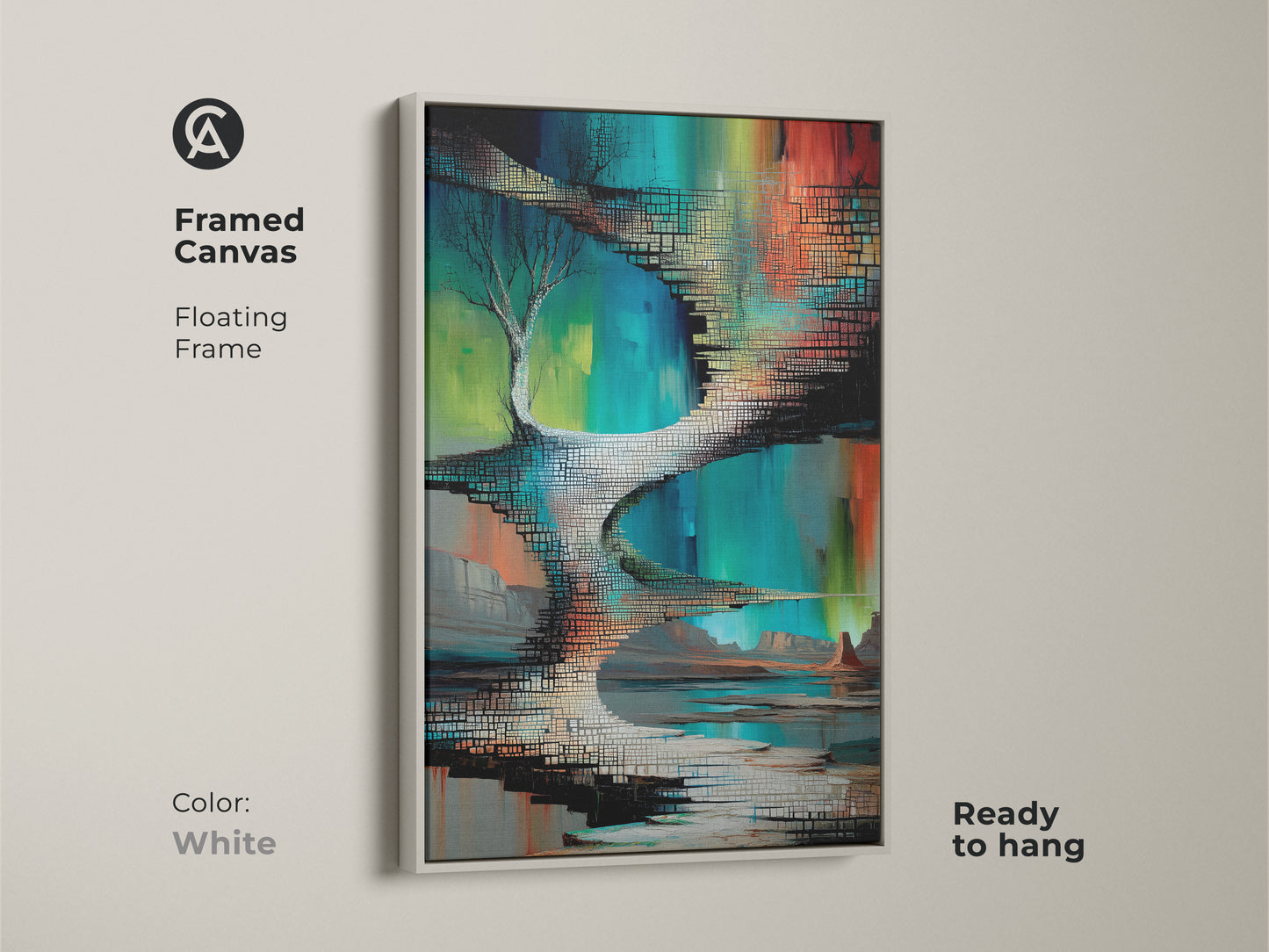 White framed canvas featuring an abstract tree landscape. The artwork has green blue teal colors. This desert scene fine art print is ready to hang. Elevate your home with this unique abstract painting.