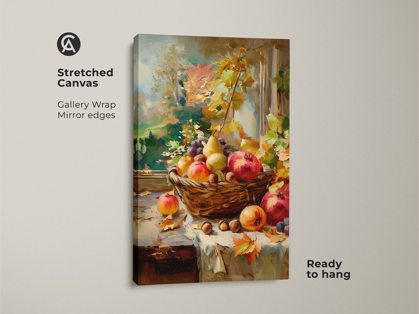 Gallery wrapped stretched canvas featuring a still life of autumn fruits. The artwork includes pomegranates pears grapes and nuts in a woven basket. Ready to hang with mirror edges for a clean modern look. Perfect for fall decor.