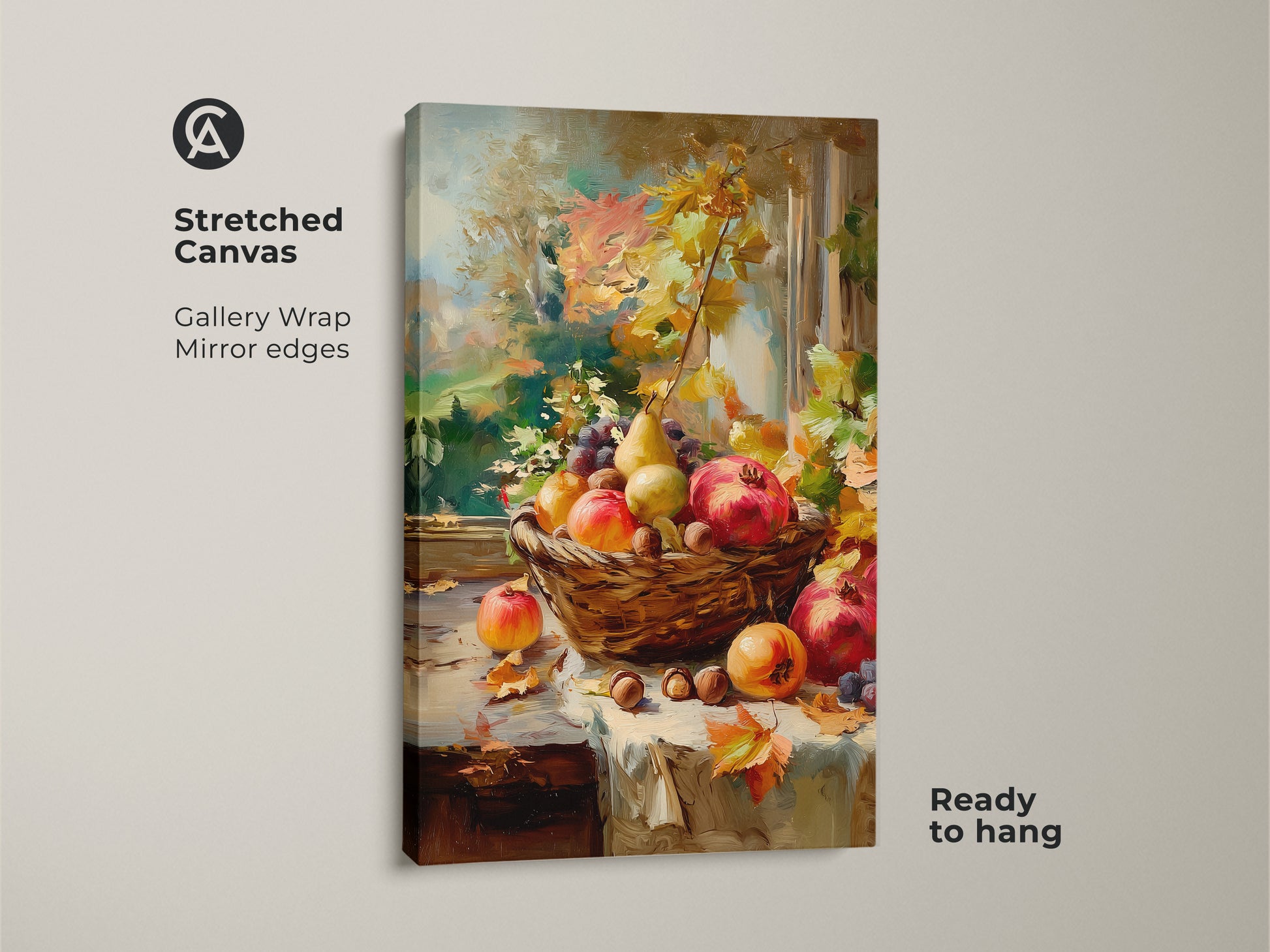 Gallery wrapped stretched canvas featuring a still life of autumn fruits. The artwork includes pomegranates pears grapes and nuts in a woven basket. Ready to hang with mirror edges for a clean modern look. Perfect for fall decor.