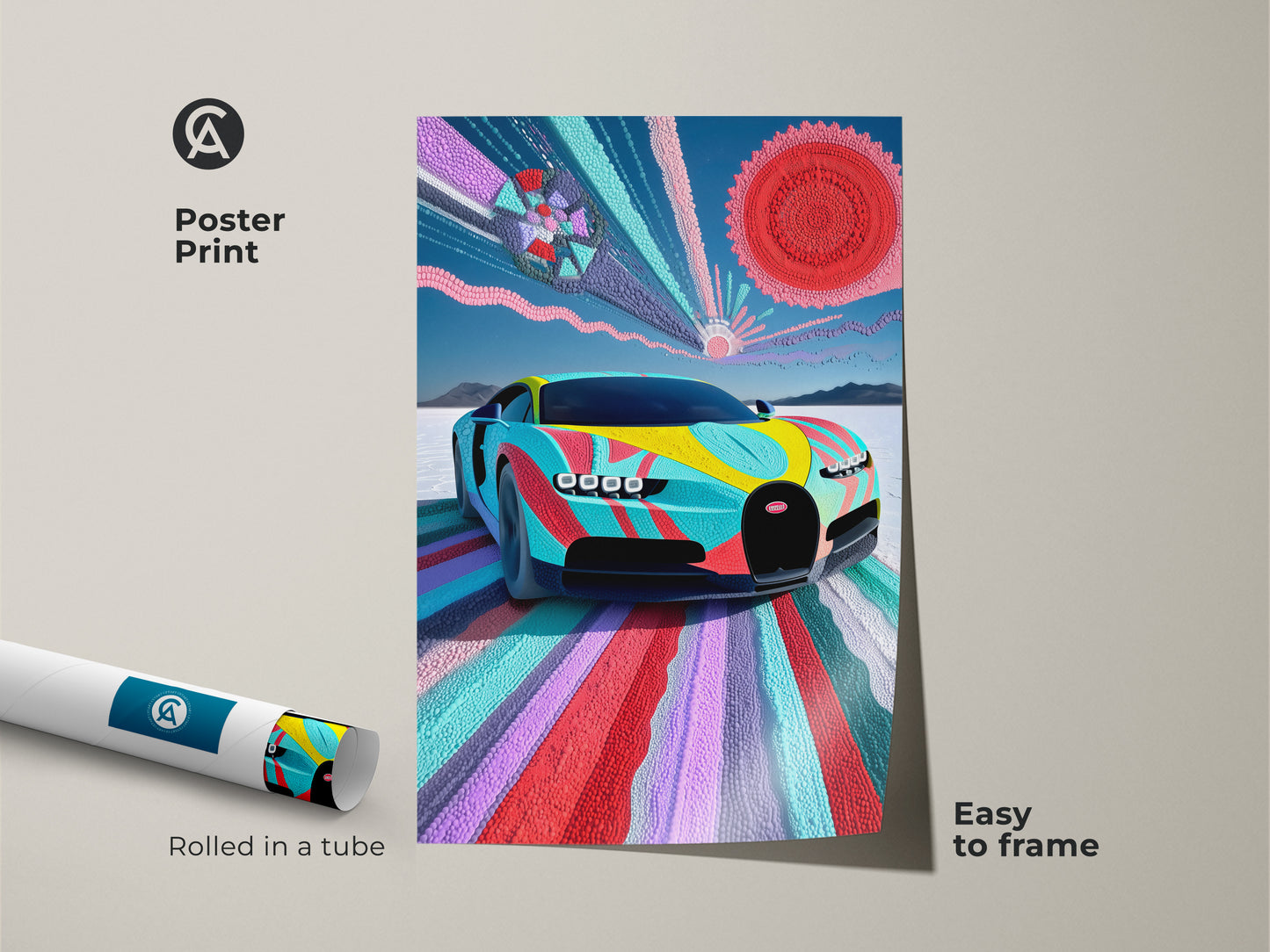 Poster print of a Bugatti Vision rendered in an abstract colorful style. The print is rolled in a tube and easy to frame. This museum quality paper print adds a modern automotive aesthetic to any space. It is an unique gift for car enthusiasts and lovers of modern art.