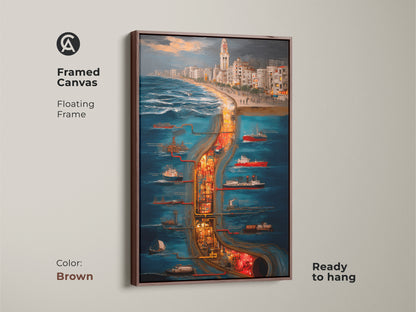 Framed Canvas in brown showcases a surreal cityscape maritime industrial scene. The floating frame art is ready to hang as wall decor. Deep blue orange and yellow tones make it perfect for eclectic home decor or unique office art. This maritime industrial canvas captures a ship and city skyline in an artistic urban scene.