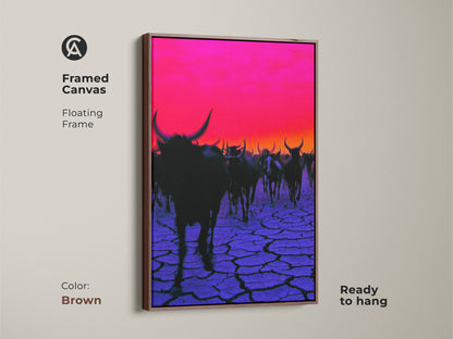Framed canvas of surreal cattle. This herd artwork on cracked purple earth features a floating frame in brown. The magenta sky adds a vibrant touch. Ready to hang for eclectic wall accent.