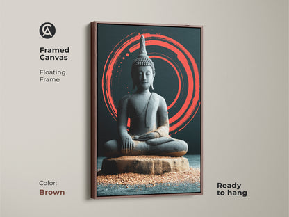 Brown framed canvas featuring Japandi Zen Buddha art. This floating frame enhances the minimalist meditation artwork. The coral Zen circle provides a spiritual aesthetic. Ready to hang adding a tranquil vibe to your space.