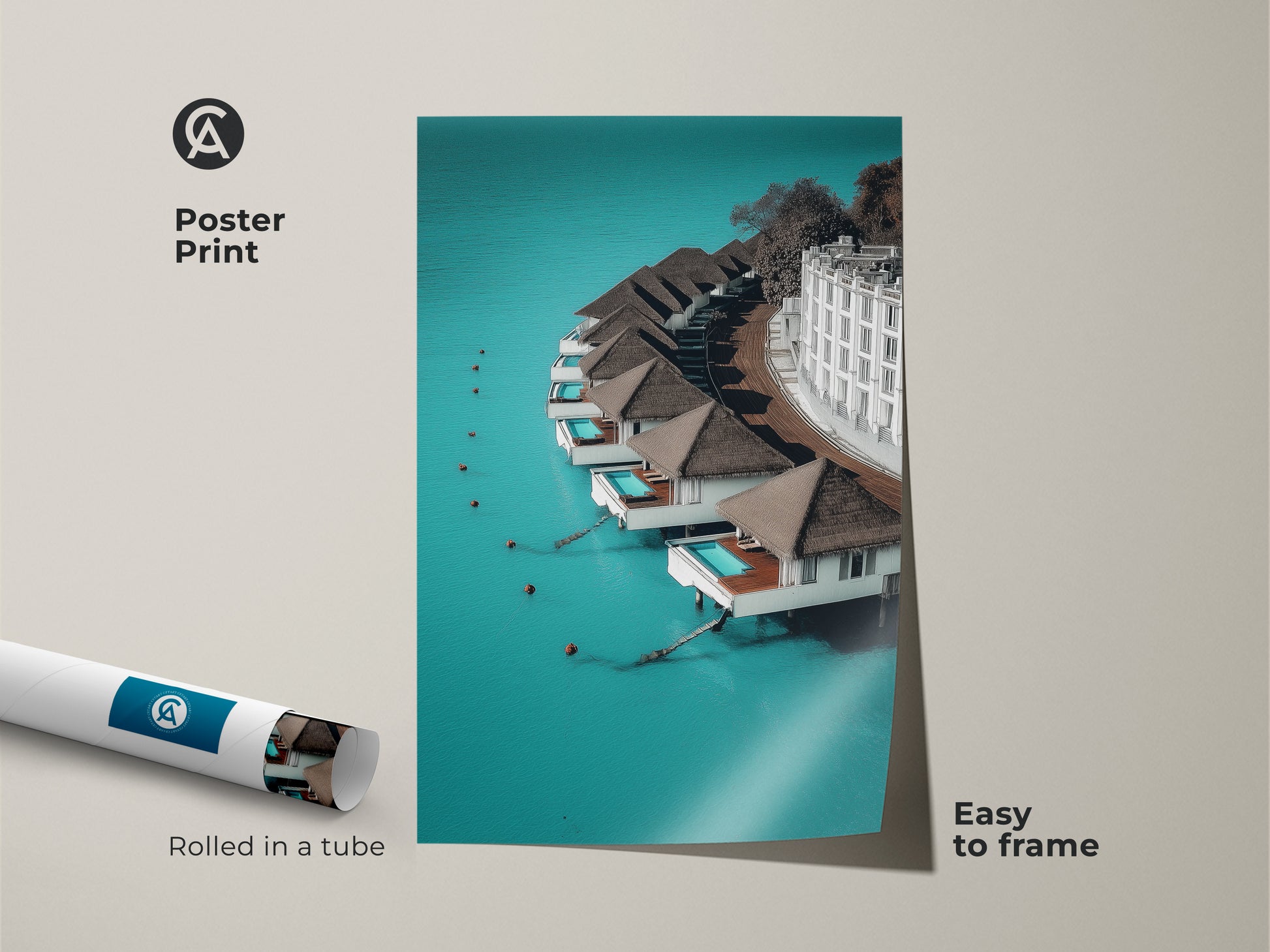 Poster print of minimalist overwater bungalows art. The vibrant turquoise ocean landscape is easy to frame. This contemporary blue resort decor is rolled in a tube for protection. It's a perfect travel artwork for home decor.