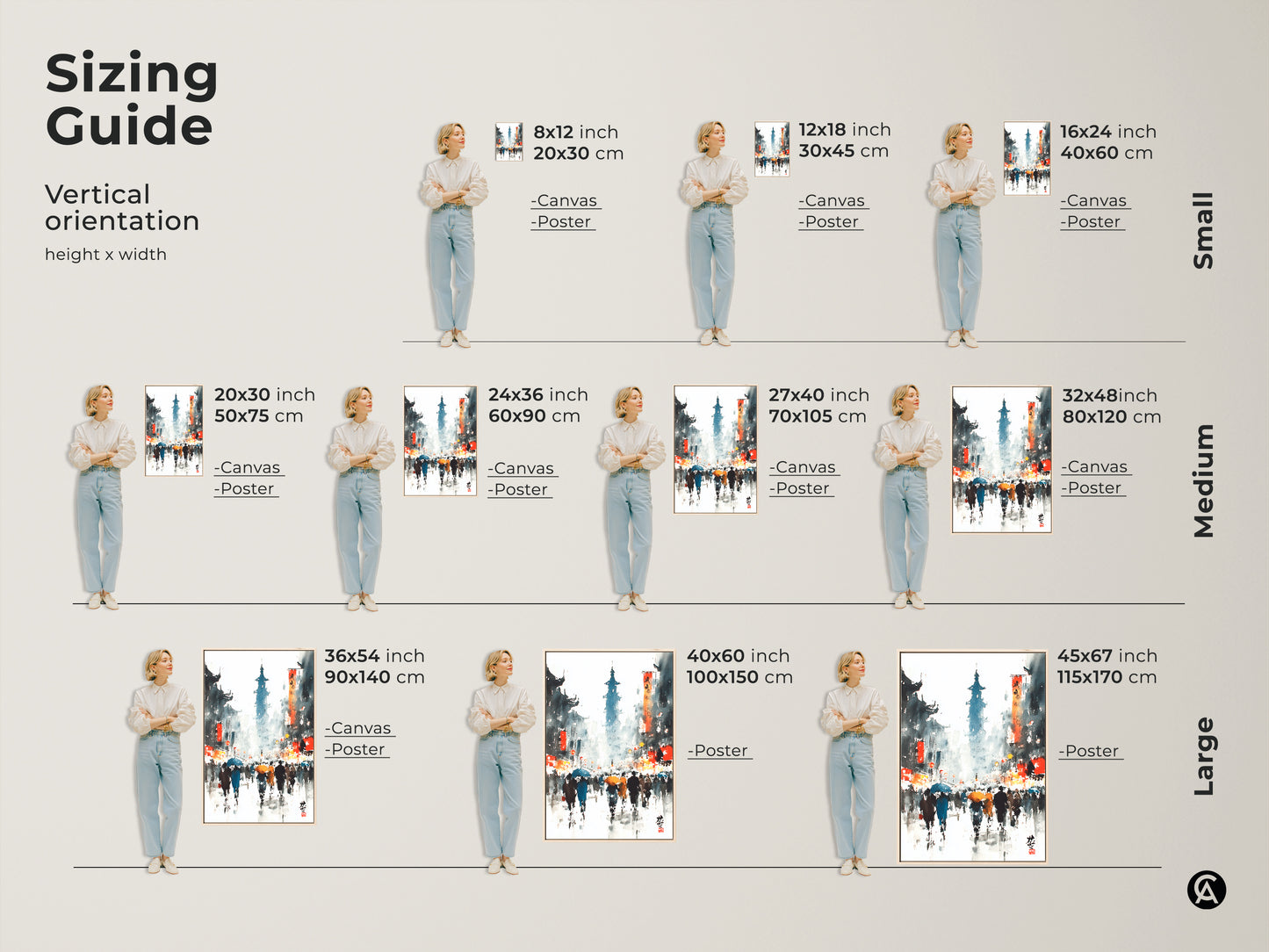 Explore various sizes for this vertical artwork. Options include canvas and poster prints. Find the perfect fit for your space with our sizing guide from small to large sizes.