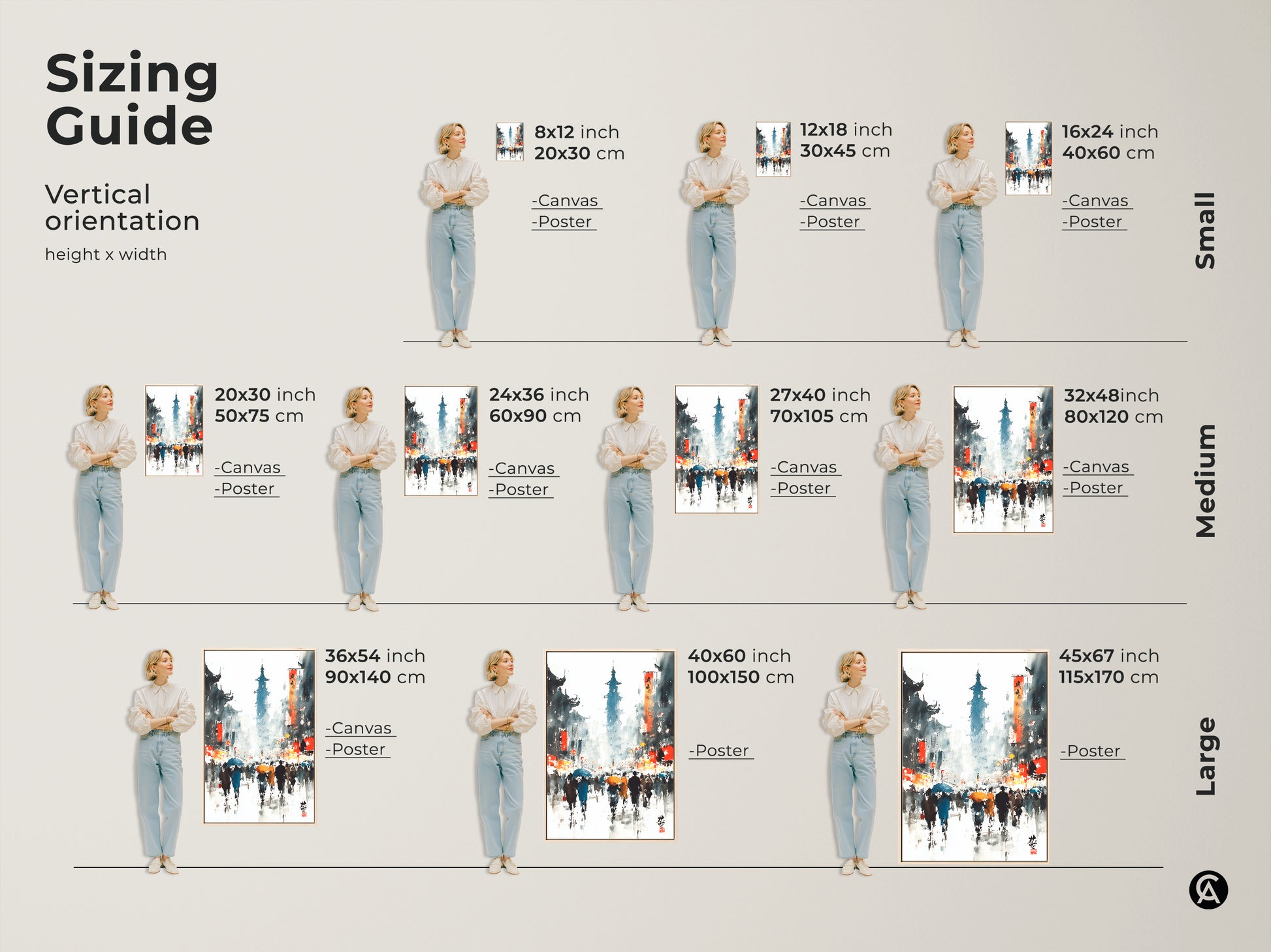 Explore various sizes for this vertical artwork. Options include canvas and poster prints. Find the perfect fit for your space with our sizing guide from small to large sizes.