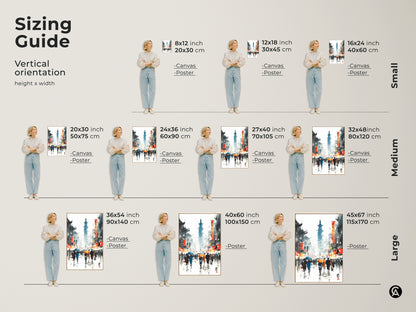 Explore various sizes for this vertical artwork. Options include canvas and poster prints. Find the perfect fit for your space with our sizing guide from small to large sizes.