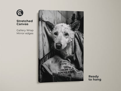 Stretched canvas art featuring a wet dog in black and white. The gallery wrap with mirror edges provides a clean look. This ready-to-hang canine artwork is perfect for modern decor. The monochrome style adds a touch of sophistication. This unique piece is great for dog lovers.