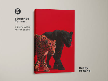 This stunning stretched canvas showcases a leopard and black panther. The gallery wrap with mirrored edges provides a modern touch. The wildlife art print is ready to hang and enjoy. It is a striking focal point for home decor.