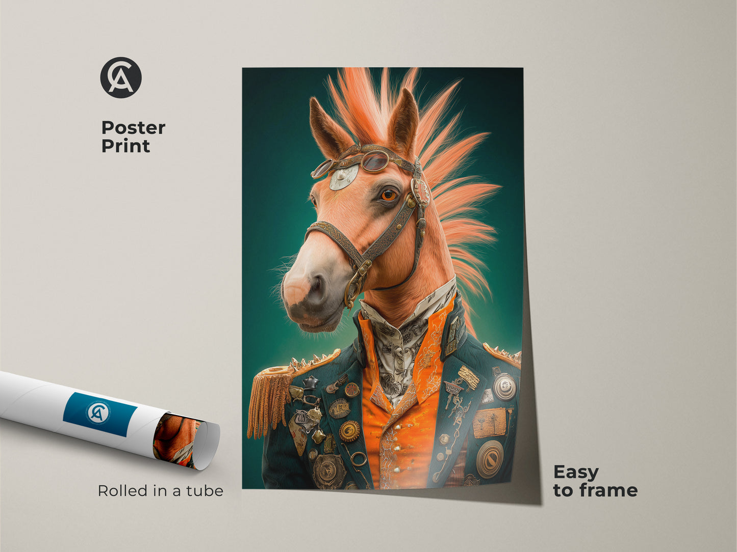 Steampunk Horse Portrait poster print rolled in a tube. This fantasy animal wall decor is easy to frame. It is ideal for an eclectic study room or unique office wall.
