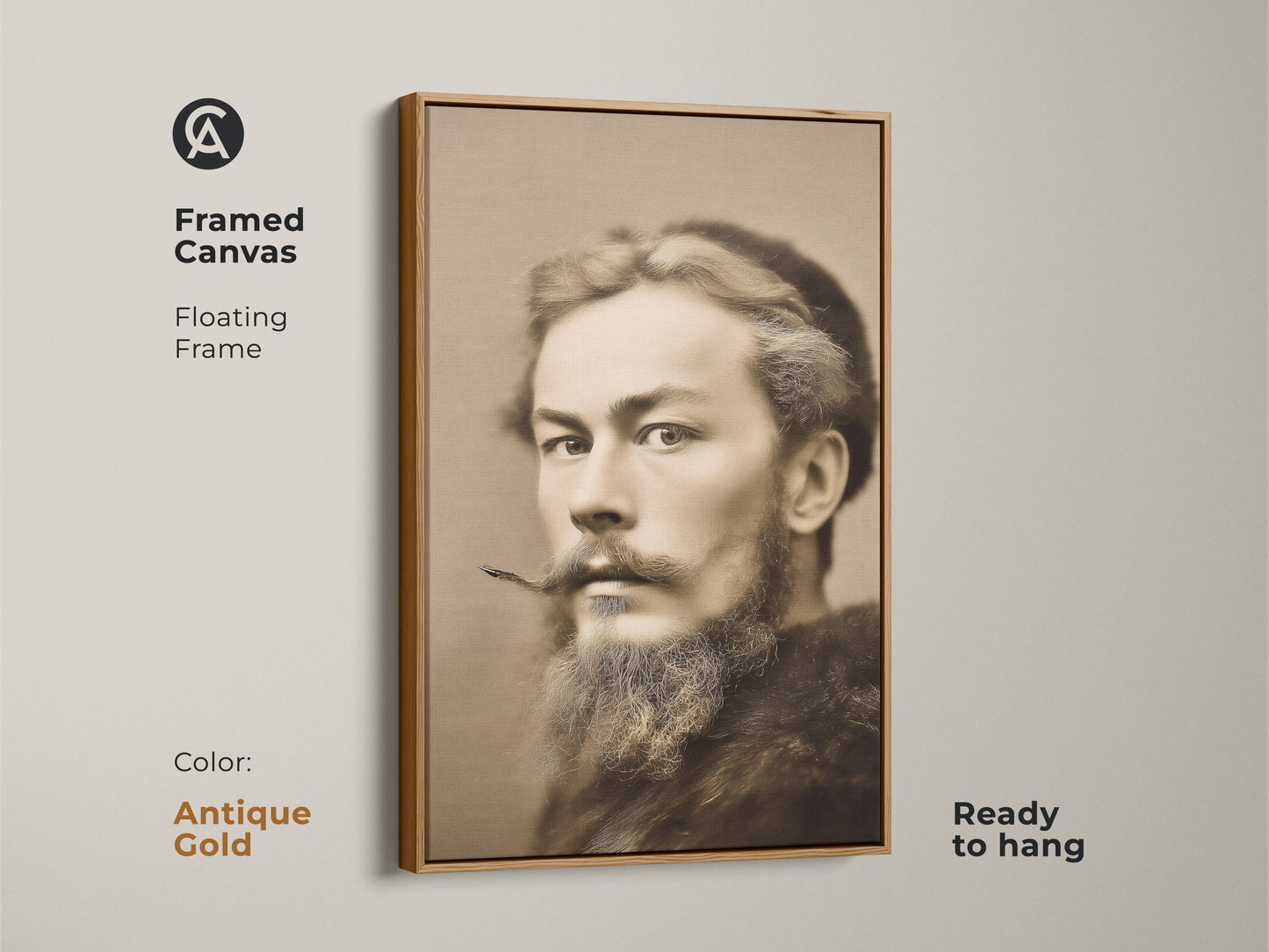 Framed sepia canvas featuring a classic man portrait with an antique gold floating frame. This vintage artwork brings a traditional touch to any space. It is ready to hang.