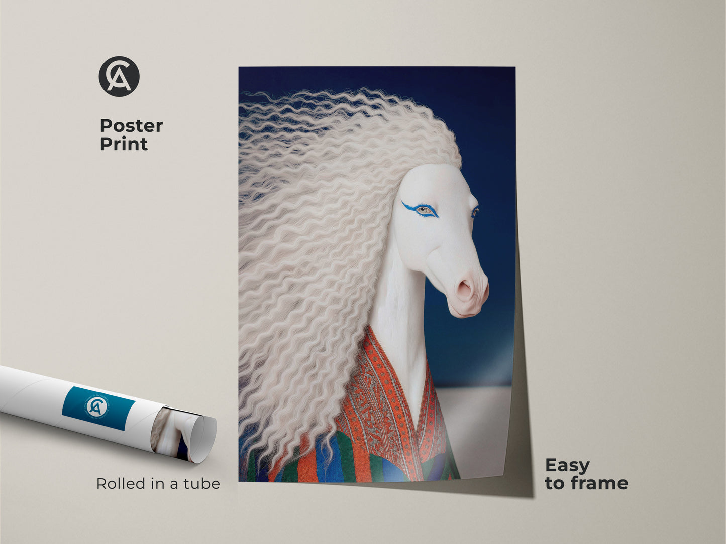 Poster print of surreal white horse art rolled in a tube. The fantasy unicorn canvas art is easy to frame. This blue and orange wall art features a horse with a patterned robe. It's a perfect gift for horse lovers.