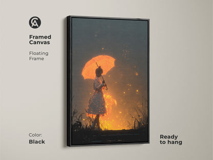Framed canvas of a girl with an orange umbrella. This fantasy digital art features orange sparkling lights. It is a dreamer gift. The surrealism figurative art print has whimsical glowing art decor. It is ready to hang in a black frame.