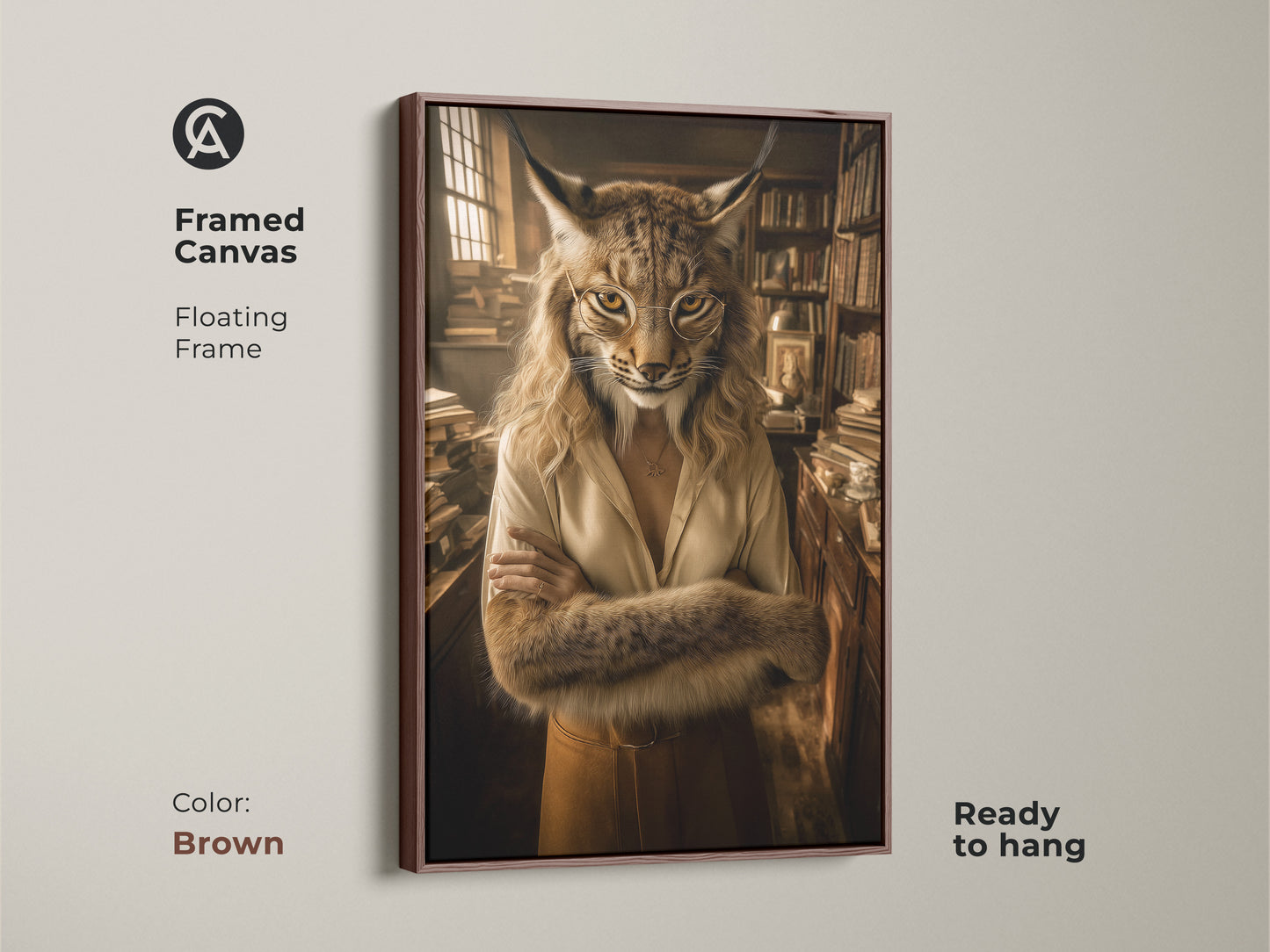 Framed lynx portrait with a brown floating frame. This scholarly animal artwork complements any study room. Ideal as a literary gift for bookworms seeking to elevate their space with eclectic gold and brown art.