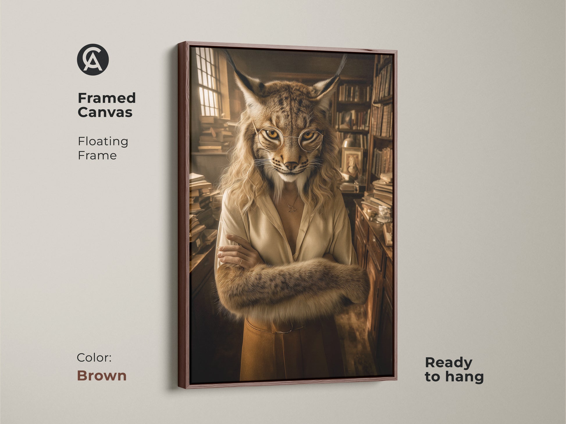 Framed lynx portrait with a brown floating frame. This scholarly animal artwork complements any study room. Ideal as a literary gift for bookworms seeking to elevate their space with eclectic gold and brown art.