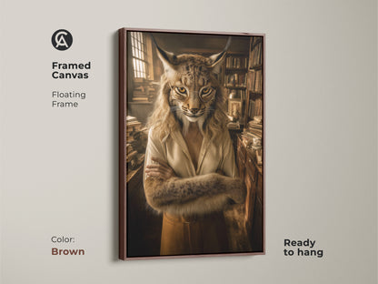 Framed lynx portrait with a brown floating frame. This scholarly animal artwork complements any study room. Ideal as a literary gift for bookworms seeking to elevate their space with eclectic gold and brown art.