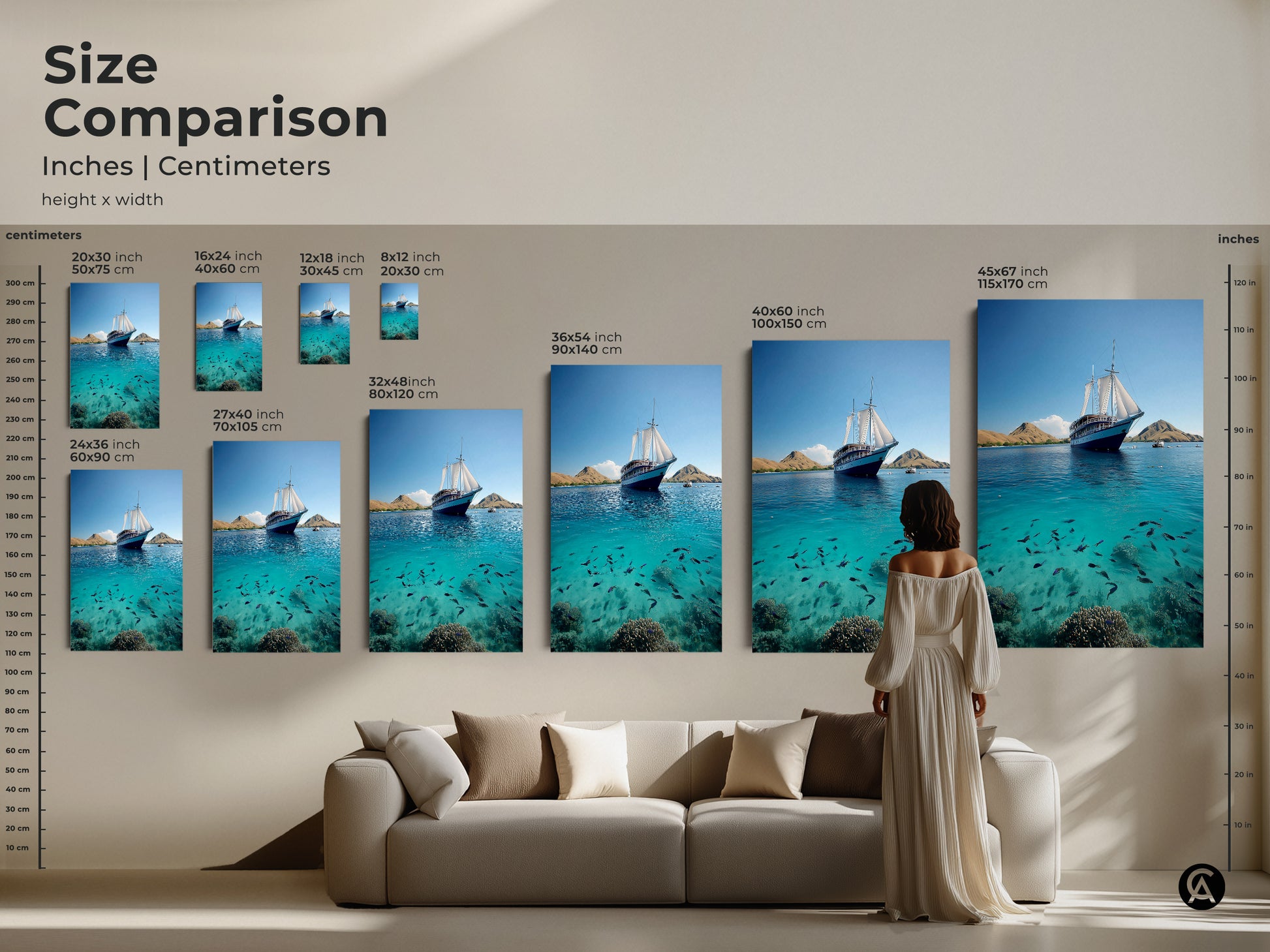 Size comparison of nautical canvas prints. See the artwork showcasing a sailing ship and fish. A turquoise ocean view wall art is featured. Ranging from small to large sizes in both inches and centimeters. Find the ideal scale for your coastal home decor.