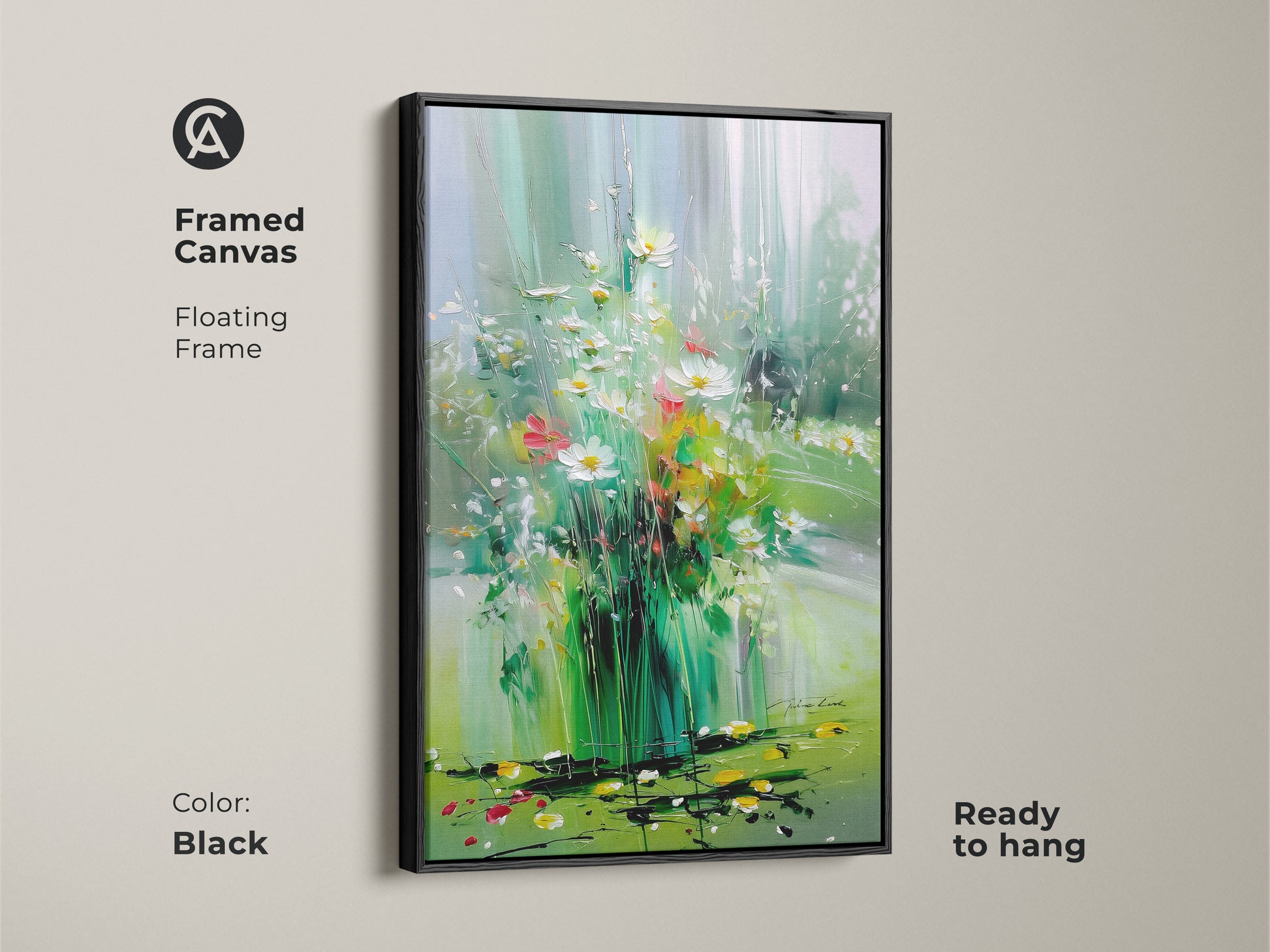 Framed canvas of impressionistic wildflowers in a black floating frame. The botanical artwork features emerald green tones. Ready to hang it enhances boho bedroom decor. The nature-inspired art print adds a fresh organic aesthetic to your living space.