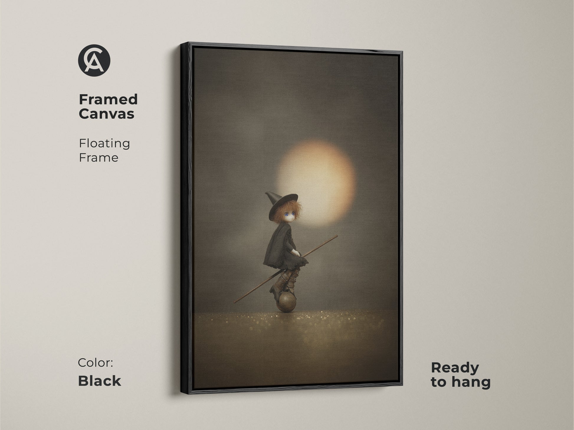Framed canvas of witch doll on broomstick art in a black floating frame. This gothic Halloween wall art is ready to hang. The sepia orange fantasy print is perfect for moody gothic home decor. It's a unique witch art print.
