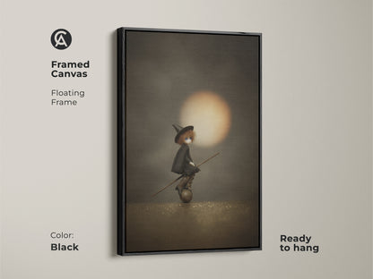 Framed canvas of witch doll on broomstick art in a black floating frame. This gothic Halloween wall art is ready to hang. The sepia orange fantasy print is perfect for moody gothic home decor. It's a unique witch art print.