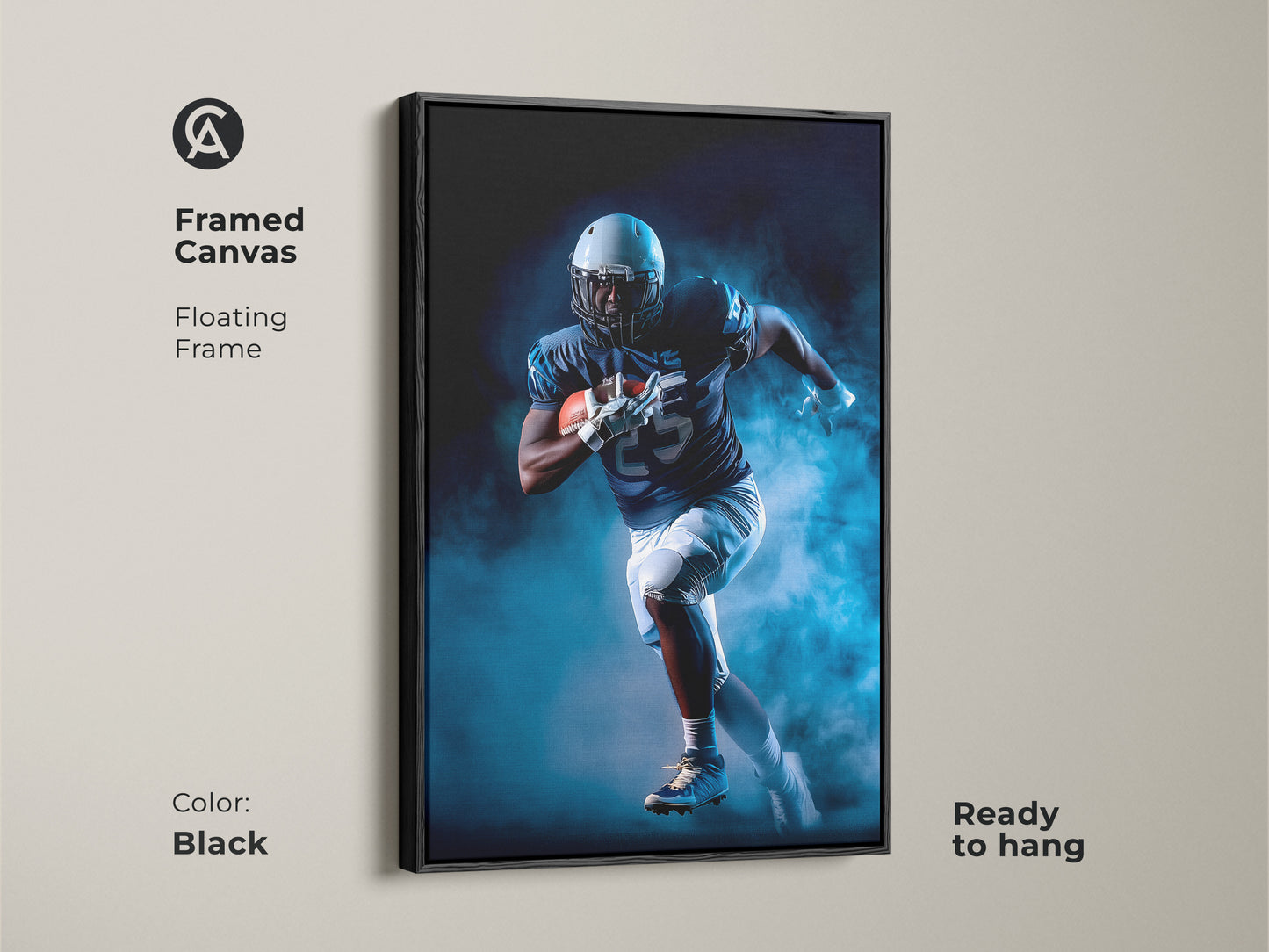 Framed in black this canvas art captures a football player's intense action. The navy and white print is ready to hang. Ideal for office wall art or a man cave wall hanging. This sports enthusiast gift adds a modern touch to any space.