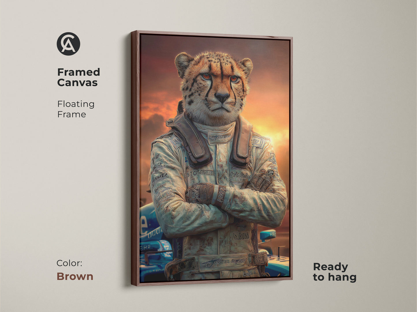 This framed canvas features a cheetah dressed as a race car driver. The artwork has a floating brown frame and is ready to hang. This modern surreal art combines adventure with a wild cat racing theme. Consider this framed cheetah print for your home.