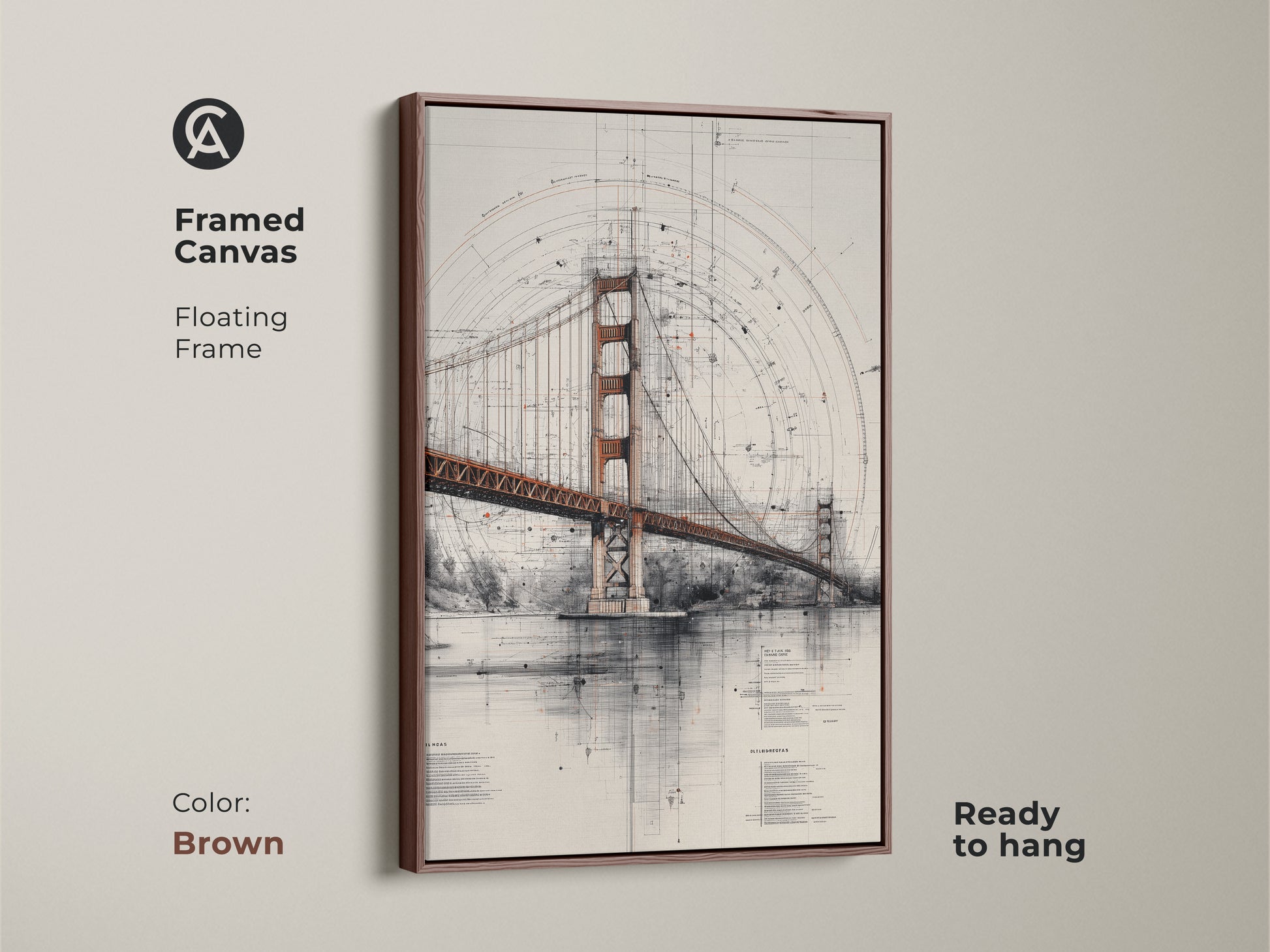 Framed canvas of the Golden Gate Bridge blueprint art in a brown floating frame. This architectural technical drawing wall art is ready to hang. It brings a sense of engineering marvel and iconic landmark beauty to any space. Perfect unique office wall decor.