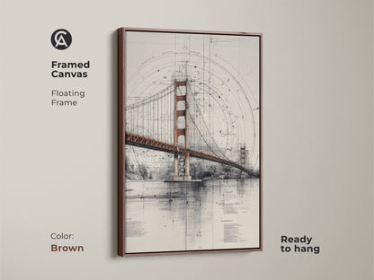 Framed canvas of the Golden Gate Bridge blueprint art in a brown floating frame. This architectural technical drawing wall art is ready to hang. It brings a sense of engineering marvel and iconic landmark beauty to any space. Perfect unique office wall decor.