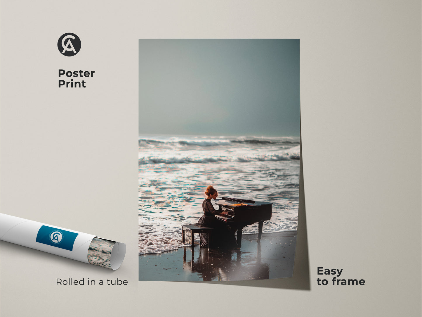 Poster print of a woman playing the piano on a beach. The art is rolled in a protective tube. It ensures safe delivery and easy framing. This museum-quality paper enhances the artwork's vibrant colors. Add this serene musical beach scene to your collection.