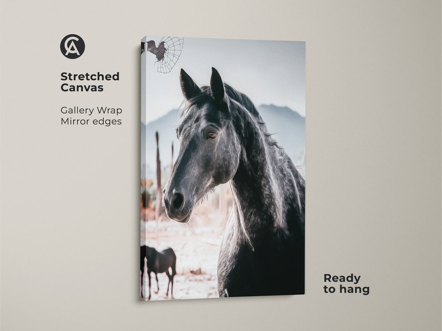 Stretched canvas print of a black horse. This gallery-wrapped artwork features a photorealistic animal against a rustic landscape. Ready to hang this print is ideal for adding wildlife charm to any bedroom or living space. It's a thoughtful equestrian gift.